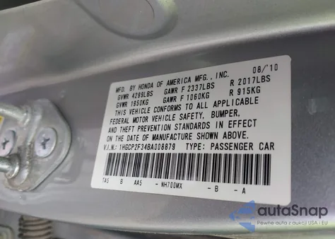 2011 Honda Accord 2.4 Lx z USA, uszkodzony, nr VIN 1HGCP2F34BA008879